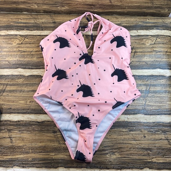 1 pc women’s swimsuit plunging neckline pink with black polka dot & unicorn NWOT - Picture 2 of 9